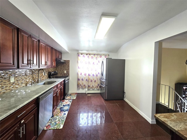 1 Terry Ln, Jericho, NY 11753 - kitchen featuring appliances with stainless steel finishes, a sink, tasteful backsplash, and dark brown cabinets