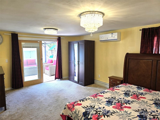 1 Terry Ln, Jericho, NY 11753 - bedroom featuring a wall unit AC, a baseboard radiator, a chandelier, light colored carpet, and access to exterior