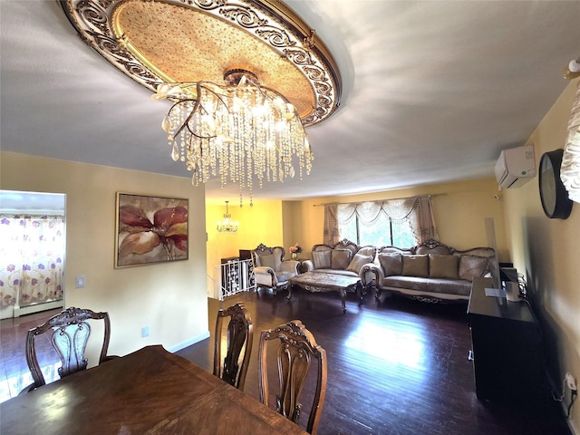 1 Terry Ln, Jericho, NY 11753 - dining space with an AC wall unit, a chandelier, wood finished floors, and baseboard heating