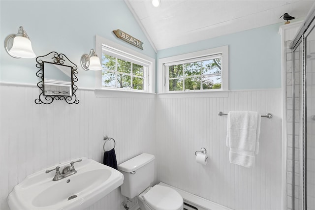 40 Maidstone Ave, East Hampton, NY 11937 - bathroom with wainscoting, toilet, lofted ceiling, a sink, and an enclosed shower