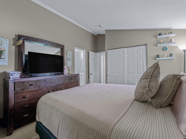 2 Pinetop Dr, Shirley, NY 11967 - bedroom featuring light colored carpet, ornamental molding, and a closet