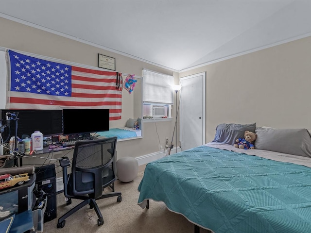 2 Pinetop Dr, Shirley, NY 11967 - carpeted bedroom featuring vaulted ceiling, crown molding, cooling unit, and a desk