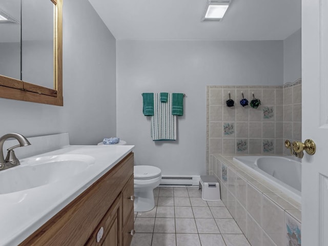 2 Pinetop Dr, Shirley, NY 11967 - bathroom featuring tiled bath, a baseboard heating unit, vanity, and tile patterned flooring