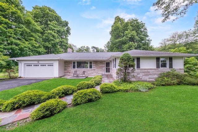 38 Degarmo Hills Rd, Wappingers Falls, NY 12590 - ranch-style house featuring stone siding, an attached garage, a front yard, asphalt driveway, and a chimney