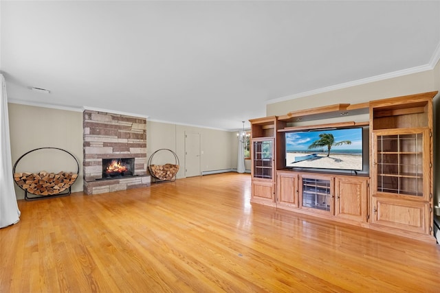 38 Degarmo Hills Rd, Wappingers Falls, NY 12590 - unfurnished living room with crown molding, light wood finished floors, a chandelier, a stone fireplace, and baseboard heating