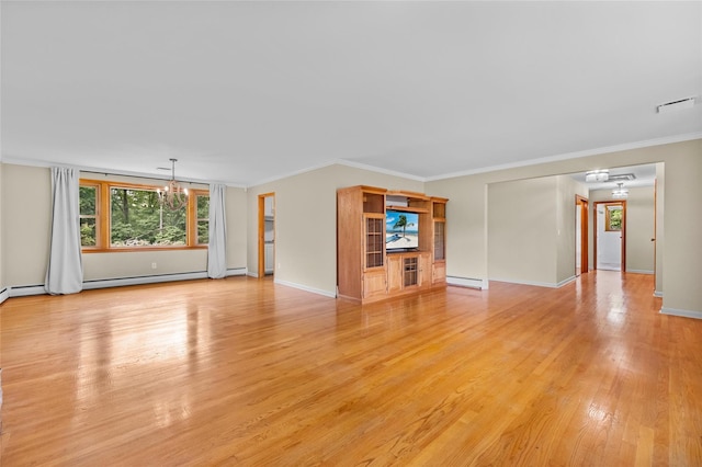 38 Degarmo Hills Rd, Wappingers Falls, NY 12590 - unfurnished living room featuring a chandelier, baseboard heating, light wood-style floors, baseboards, and ornamental molding