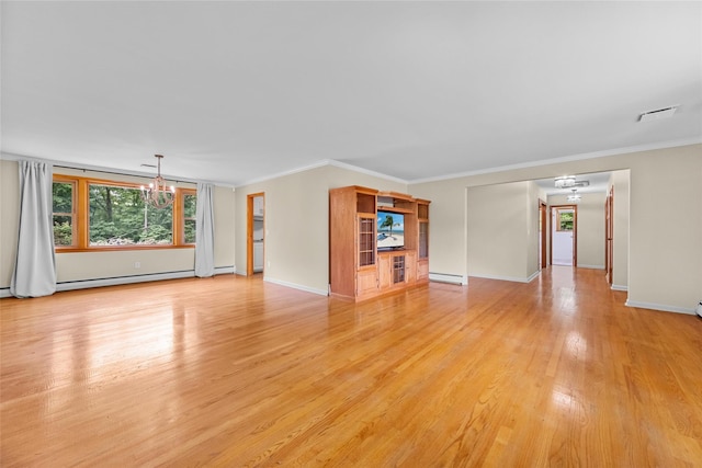 38 Degarmo Hills Rd, Wappingers Falls, NY 12590 - unfurnished living room featuring a chandelier, a baseboard radiator, light wood-type flooring, baseboards, and ornamental molding