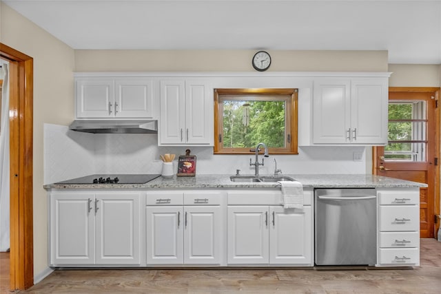 38 Degarmo Hills Rd, Wappingers Falls, NY 12590 - kitchen featuring stainless steel dishwasher, a sink, under cabinet range hood, black electric stovetop, and white cabinets
