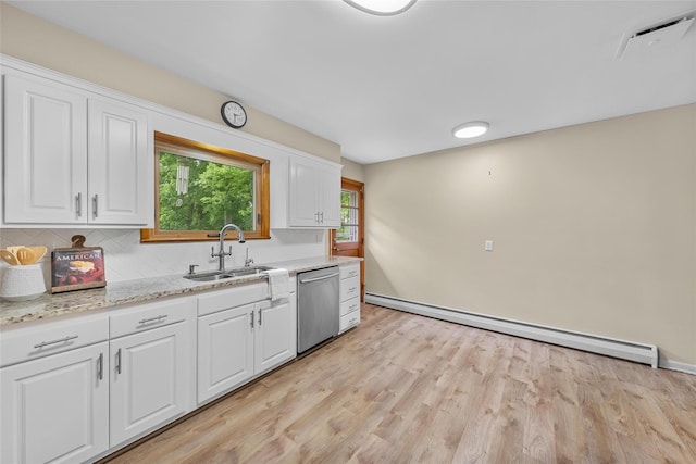 38 Degarmo Hills Rd, Wappingers Falls, NY 12590 - kitchen with dishwasher, a sink, a baseboard radiator, light wood-type flooring, and white cabinets
