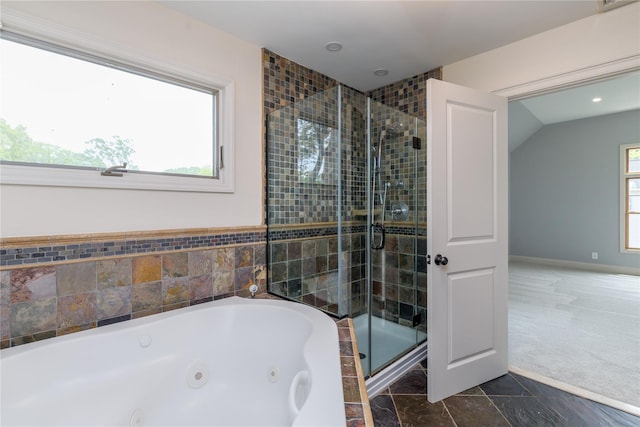 22 Commonwealth Ave, Massapequa, NY 11758 - bathroom featuring a stall shower, a jetted tub, recessed lighting, and lofted ceiling