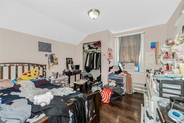 132 Oak St, Yonkers, NY 10701 - bedroom with wood finished floors, lofted ceiling, a closet, and cooling unit