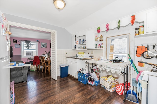 132 Oak St, Yonkers, NY 10701 - kitchen featuring open shelves, lofted ceiling, white cabinetry, white appliances, and dark wood finished floors