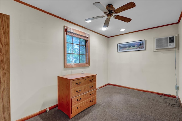 690 Franklin Ave, Massapequa, NY 11758 - unfurnished bedroom featuring ornamental molding, dark colored carpet, baseboards, a wall mounted AC, and a ceiling fan