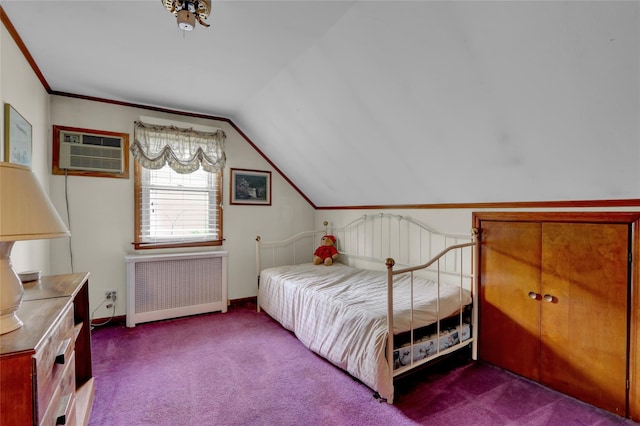 690 Franklin Ave, Massapequa, NY 11758 - bedroom featuring radiator, a wall mounted air conditioner, carpet floors, lofted ceiling, and crown molding