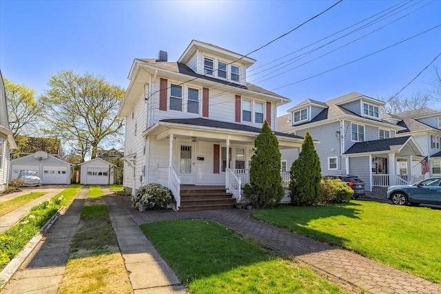 81 Liberty Ave, Rockville Centre, NY 11570 - traditional style home with a porch, a garage, a front yard, and a chimney