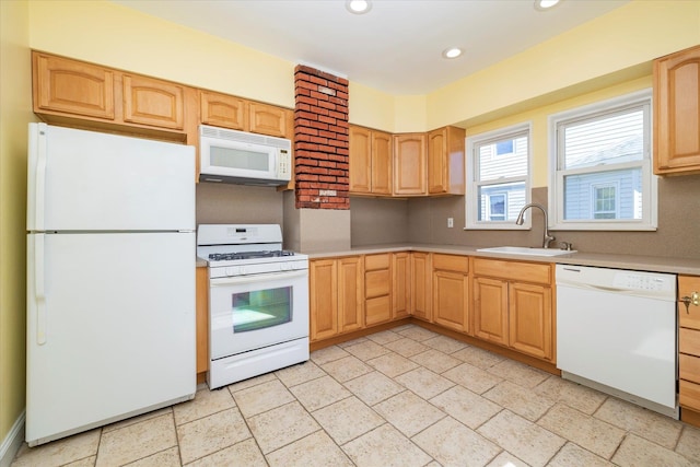 81 Liberty Ave, Rockville Centre, NY 11570 - kitchen featuring white appliances, a sink, recessed lighting, light countertops, and light brown cabinets
