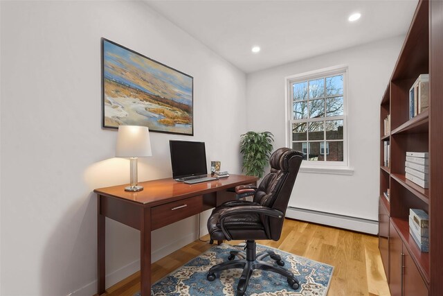 3951 45th St Unit 1, Sunnyside, NY 11104 - office featuring a baseboard radiator, light wood-type flooring, recessed lighting, and baseboards