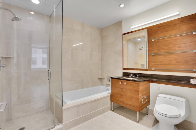 120 Riverside Blvd Unit 10T, New York Manhattan, NY 10069 - bathroom featuring a tile shower, toilet, vanity, tiled tub, and tile patterned flooring