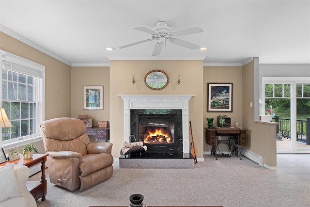 1 Bray Farm Ln, Wappingers Falls, NY 12590 - carpeted living area featuring a baseboard heating unit, a warm lit fireplace, recessed lighting, ornamental molding, and baseboards