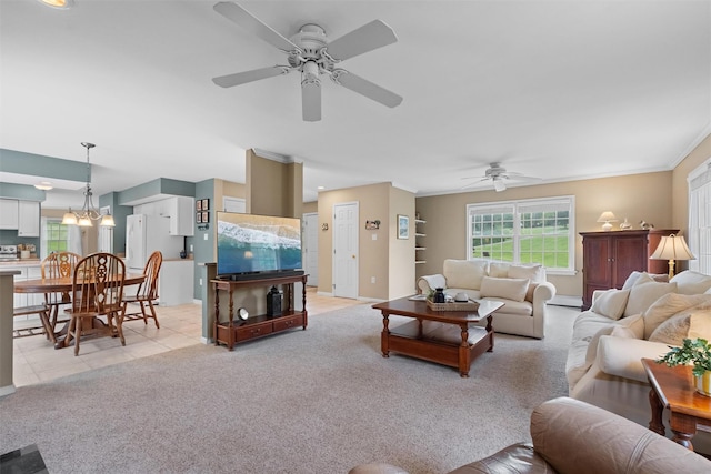 1 Bray Farm Ln, Wappingers Falls, NY 12590 - living area featuring a ceiling fan, crown molding, light carpet, and baseboards