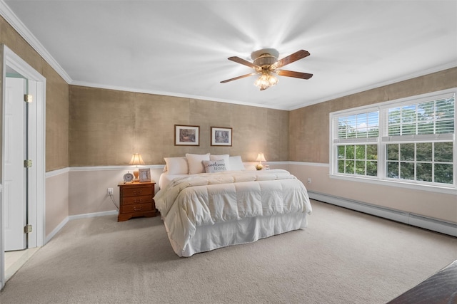 1 Bray Farm Ln, Wappingers Falls, NY 12590 - bedroom with carpet flooring, a baseboard radiator, baseboards, ceiling fan, and ornamental molding