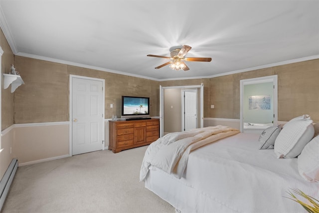 1 Bray Farm Ln, Wappingers Falls, NY 12590 - bedroom with baseboard heating, light colored carpet, a ceiling fan, crown molding, and baseboards