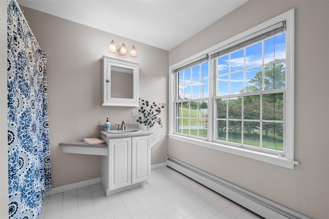 1 Bray Farm Ln, Wappingers Falls, NY 12590 - full bathroom with baseboard heating, vanity, baseboards, and curtained shower
