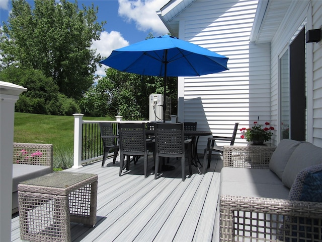 44 Vanderburgh Rd, Poughquag, NY 12570 - wooden deck with outdoor dining area, an outdoor living space, and a lawn
