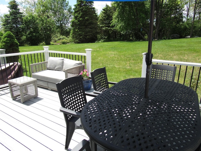 44 Vanderburgh Rd, Poughquag, NY 12570 - wooden deck featuring outdoor dining area, a yard, and view of wooded area
