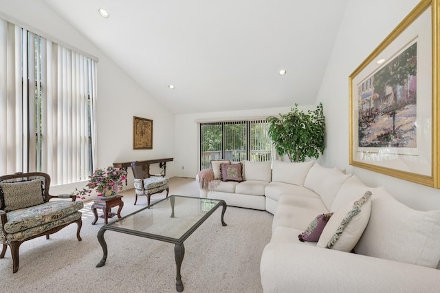 15 Augusta Ln, Manhasset, NY 11030 - carpeted living area featuring lofted ceiling and recessed lighting