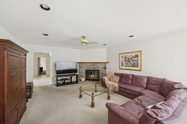 15 Augusta Ln, Manhasset, NY 11030 - living area featuring a ceiling fan, light carpet, a stone fireplace, and recessed lighting
