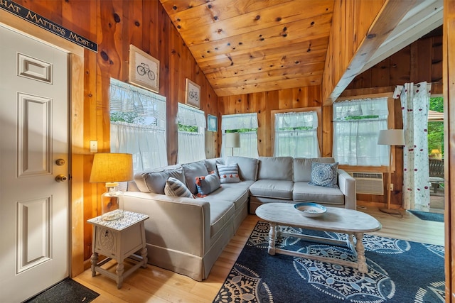 3300 Baker Unit 11, Mohegan Lake, NY 10547 - living area with vaulted ceiling, wooden walls, light wood-style flooring, wooden ceiling, and a wall mounted air conditioner