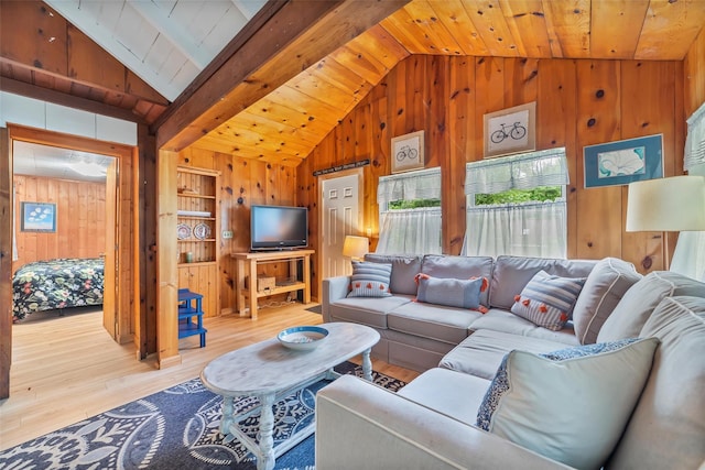 3300 Baker Unit 11, Mohegan Lake, NY 10547 - living area with lofted ceiling, wood walls, wood finished floors, and wooden ceiling