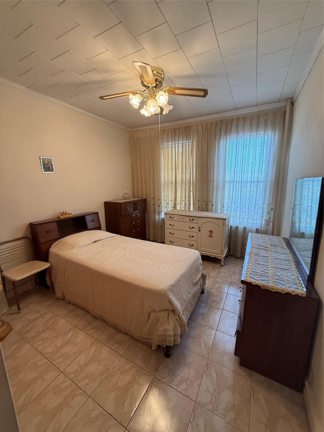 7542 67th Rd, Middle Village, NY 11379 - bedroom with crown molding, a ceiling fan, and light marble finish flooring
