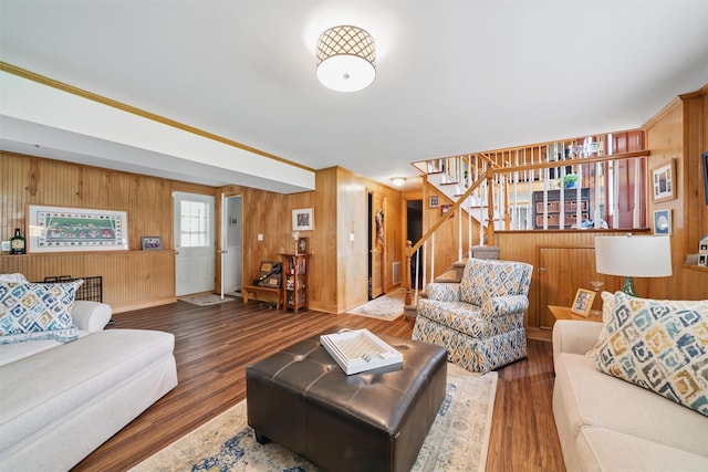 23 Waldron Dr, Stony Point, NY 10980 - living area with wooden walls, stairway, and wood finished floors