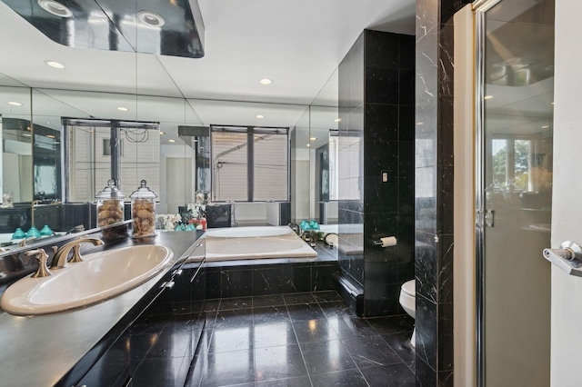 360 Robyn Pl, East Meadow, NY 11554 - bathroom featuring a garden tub, vanity, toilet, recessed lighting, and a stall shower