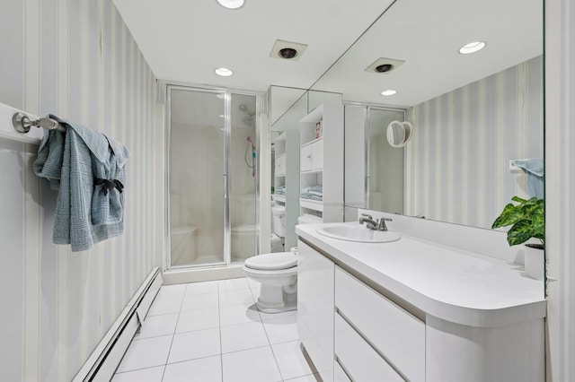 360 Robyn Pl, East Meadow, NY 11554 - bathroom featuring wallpapered walls, tile patterned floors, a stall shower, toilet, and vanity