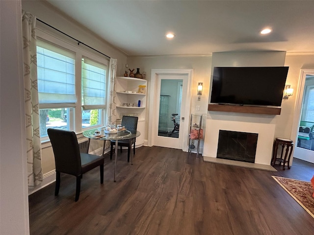 13-01 146th Pl, Whitestone, NY 11357 - sitting room with a glass covered fireplace, dark wood-style flooring, recessed lighting, and baseboards