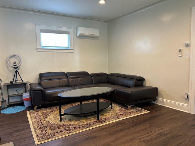 13-01 146th Pl, Whitestone, NY 11357 - living area featuring a wall unit AC, dark wood finished floors, and baseboards