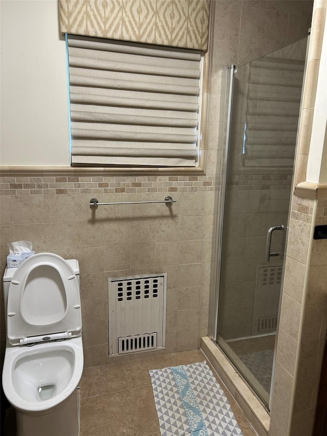 13-01 146th Pl, Whitestone, NY 11357 - full bathroom featuring radiator, a stall shower, tile walls, tile patterned flooring, and toilet