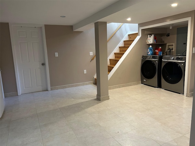 13-01 146th Pl, Whitestone, NY 11357 - laundry room with washing machine and clothes dryer, light tile patterned floors, baseboards, and recessed lighting