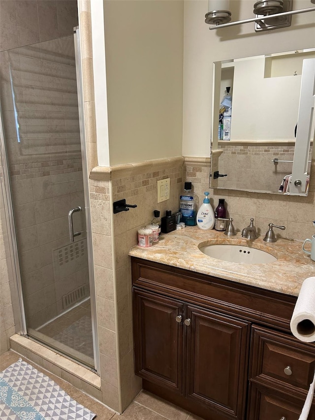 13-01 146th Pl, Whitestone, NY 11357 - bathroom with vanity, a stall shower, tile walls, and a wainscoted wall