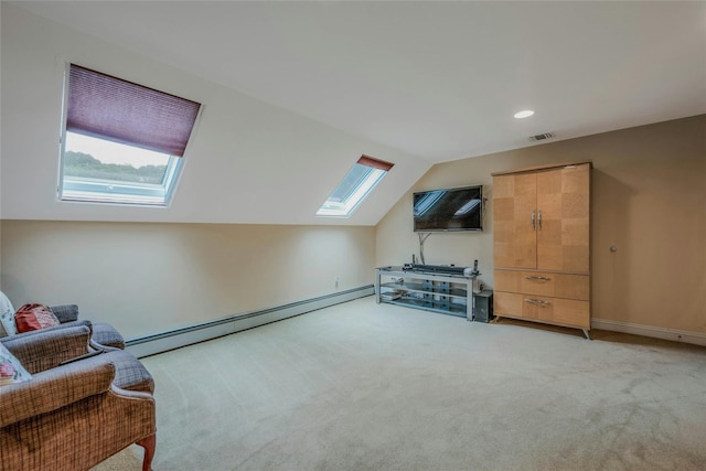 32 Robinhood Ln, East Setauket, NY 11733 - additional living space with a skylight, a baseboard heating unit, lofted ceiling, light colored carpet, and recessed lighting