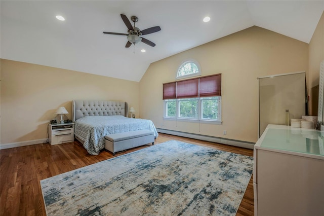 32 Robinhood Ln, East Setauket, NY 11733 - bedroom featuring a baseboard heating unit, lofted ceiling, wood finished floors, baseboards, and recessed lighting