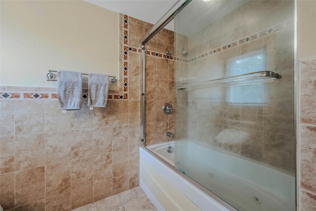 32 Robinhood Ln, East Setauket, NY 11733 - full bath with bath / shower combo with glass door, tile walls, and tile patterned floors