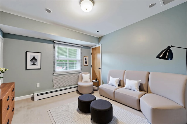 32 Robinhood Ln, East Setauket, NY 11733 - carpeted living room featuring baseboard heating and baseboards