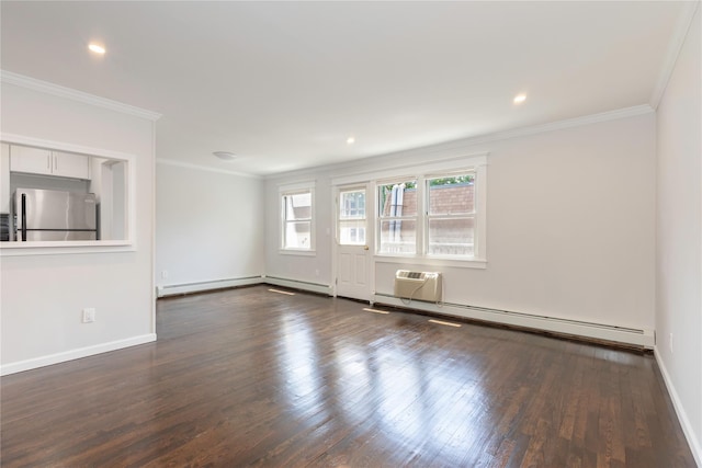 380 N Broadway Unit D4, Yonkers, NY 10701 - unfurnished living room with dark wood-style flooring, crown molding, baseboards, a baseboard heating unit, and recessed lighting