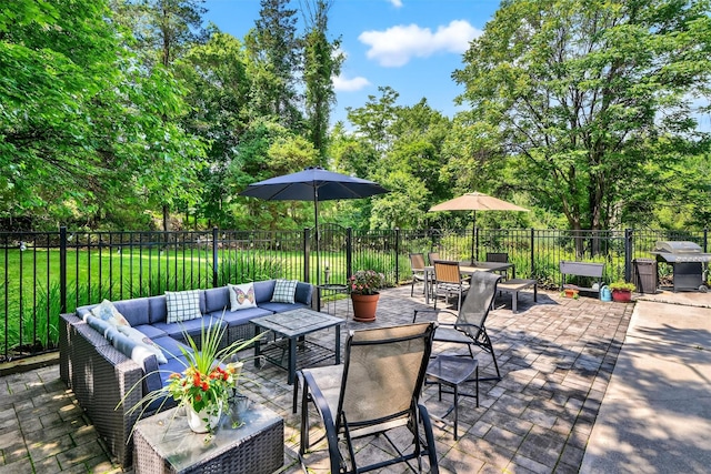 51 S Airmont Rd, Airmont, NY 10901 - view of patio / terrace with an outdoor living space, a grill, view of scattered trees, and outdoor dining space