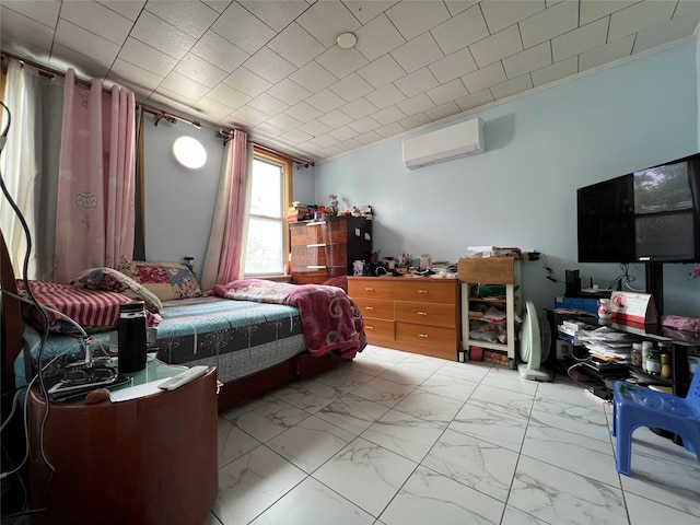 8624 79th St, Woodhaven, NY 11421 - bedroom with a wall mounted air conditioner and light marble finish flooring