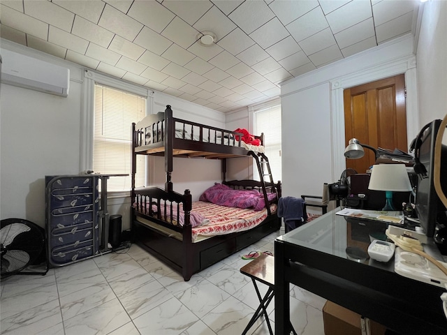 8624 79th St, Woodhaven, NY 11421 - bedroom with light marble finish floors and a wall mounted AC